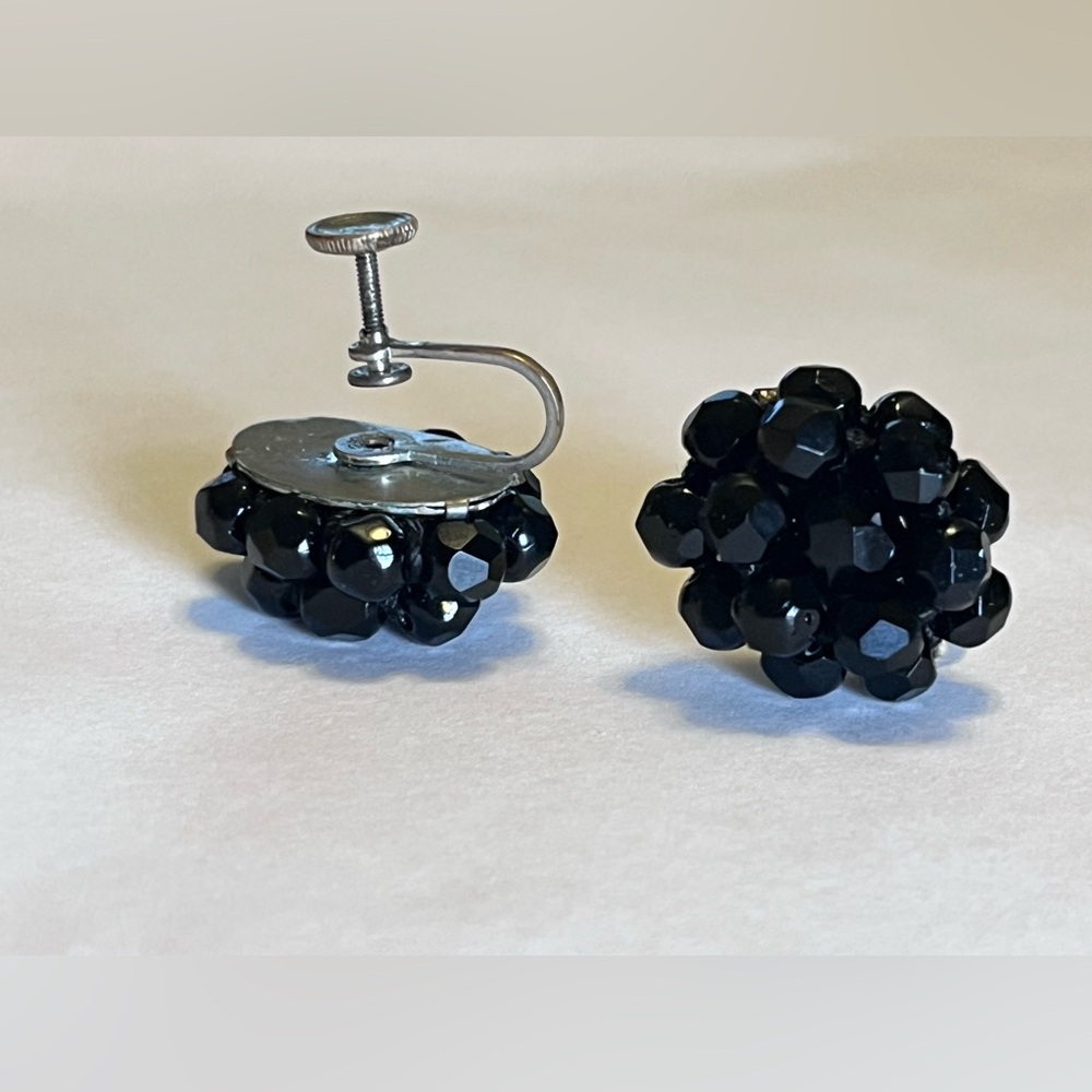 Vintage Signed W. Germany Black Beaded Clip-On Earrings